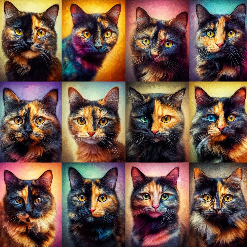 different Tortoiseshell Cats, colorful background,will be used for display featured image for blog post, hdr and clear, landscape wide camera shot