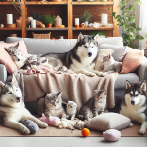 kitten and huskies